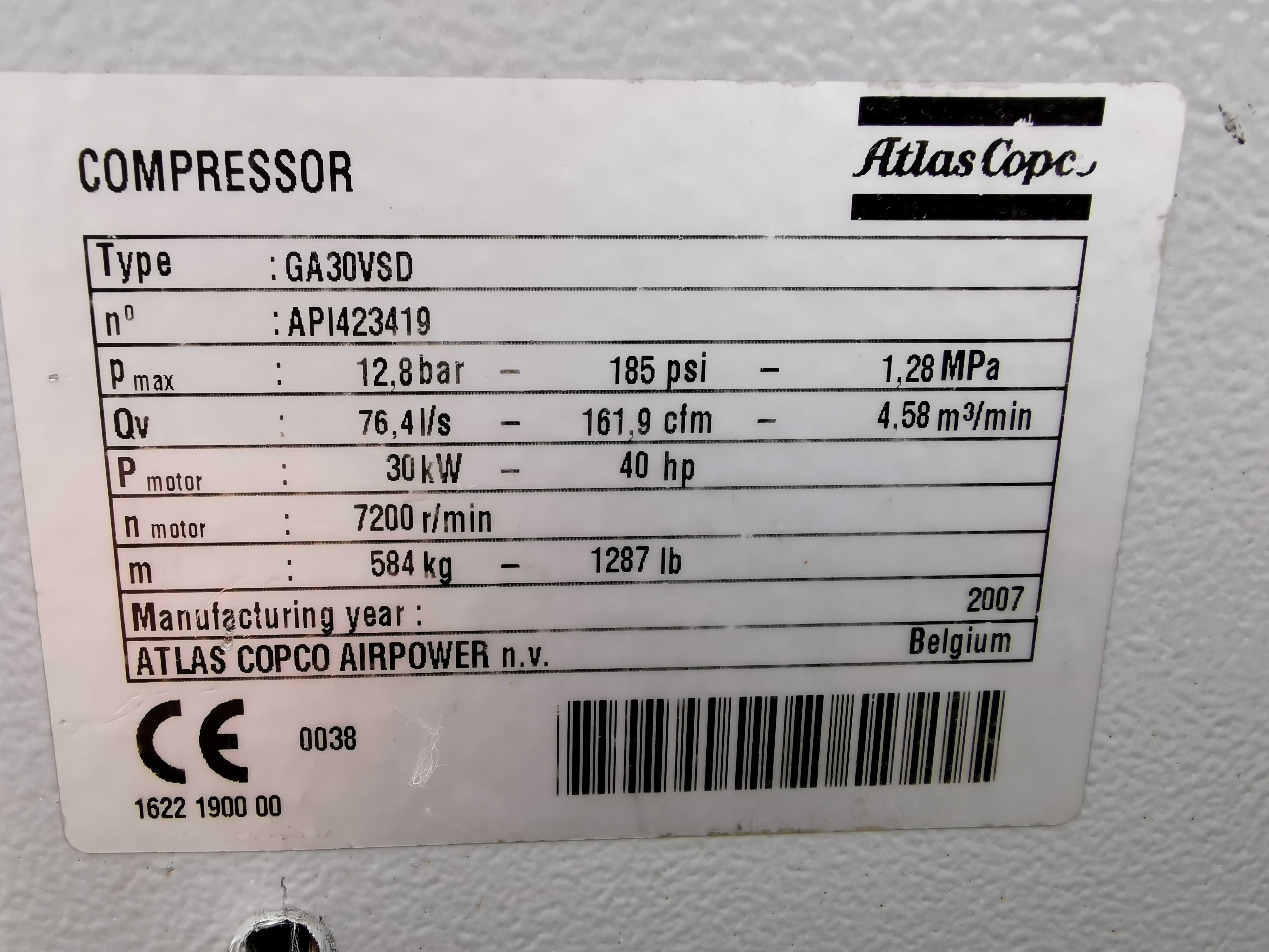 Sprężarka śrubowa 30kw +FALOWNIK! kompresor ATLAS COPCO 4500l/min