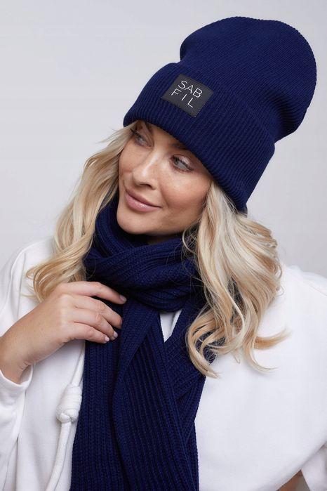 Polski Granatowy Komplet Szalik I Czapka Zimowa Beanie Na Zimę Navy