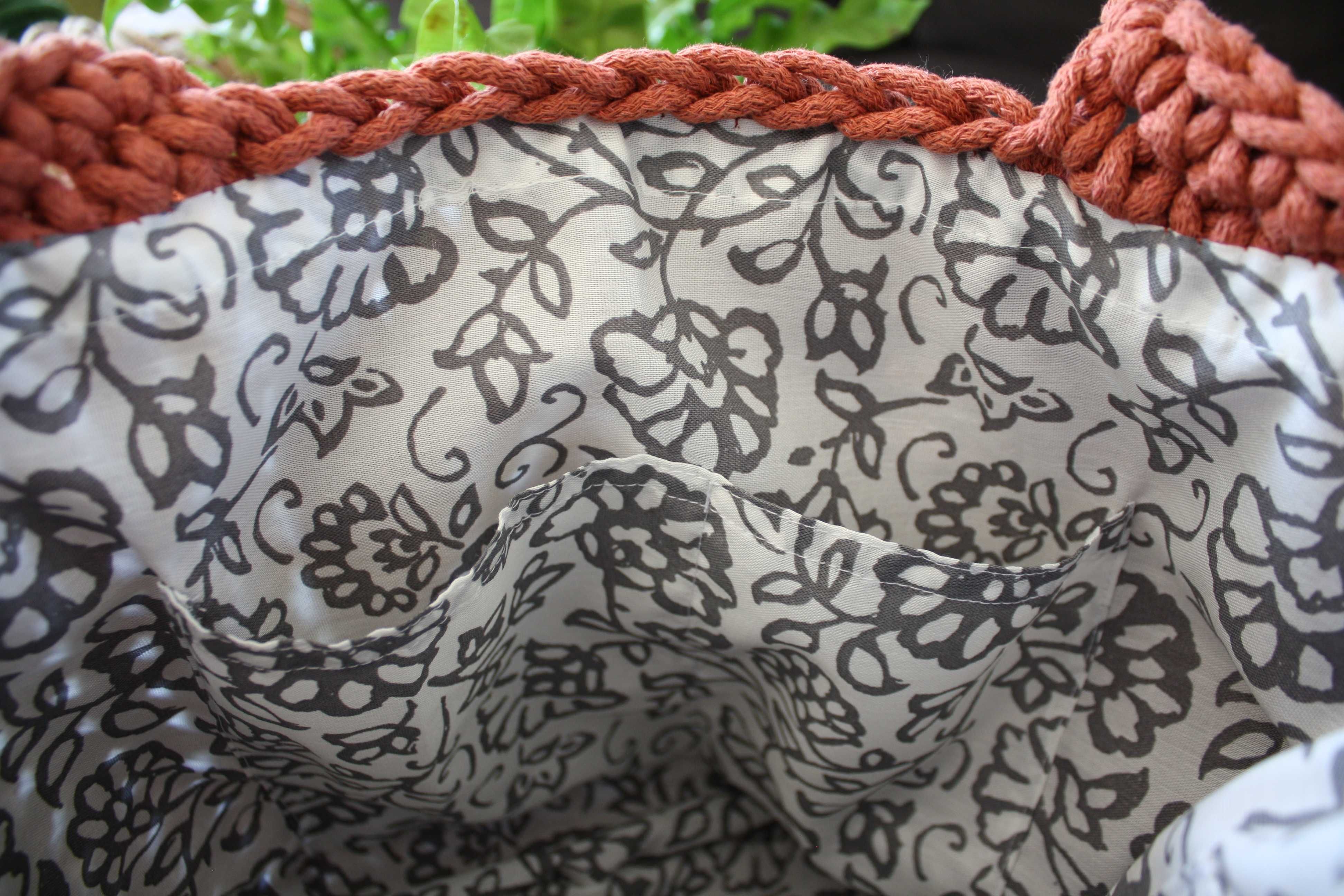 Torba szydełkowa typu shopper z podszewką, bawełna, kolor miedziany