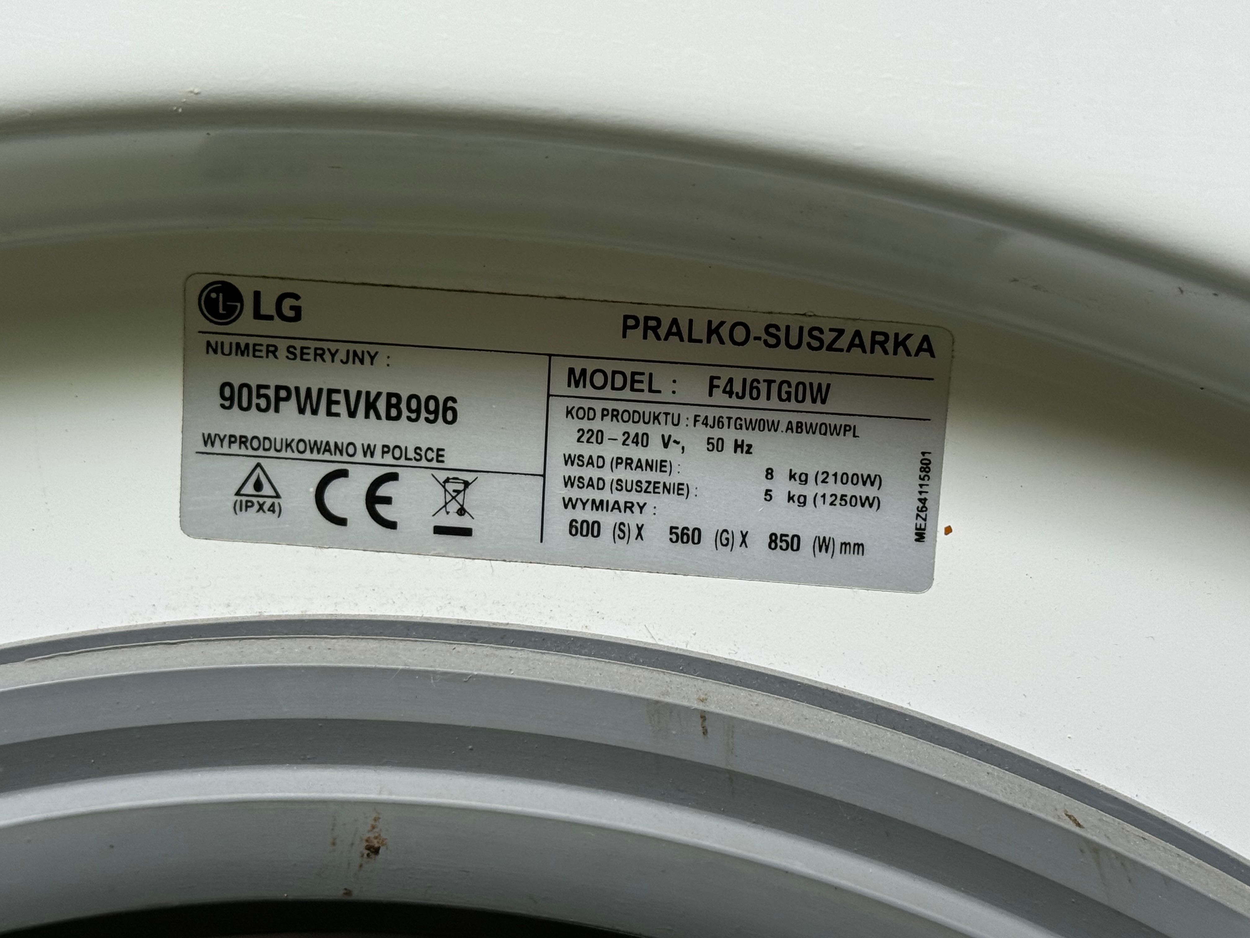 Sprzedam pralko-suszarkę LG 2w1, model F4J6TG0W – 8/5 kg