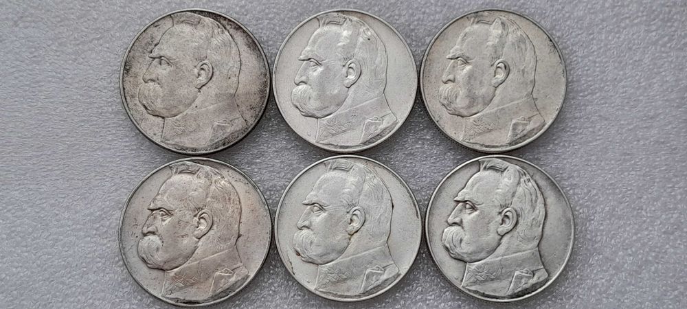 II RP.10 złotych 1935,1936,1937 Piłsudski–WIELKI ZESTAW 6 sztuk-SREBRO