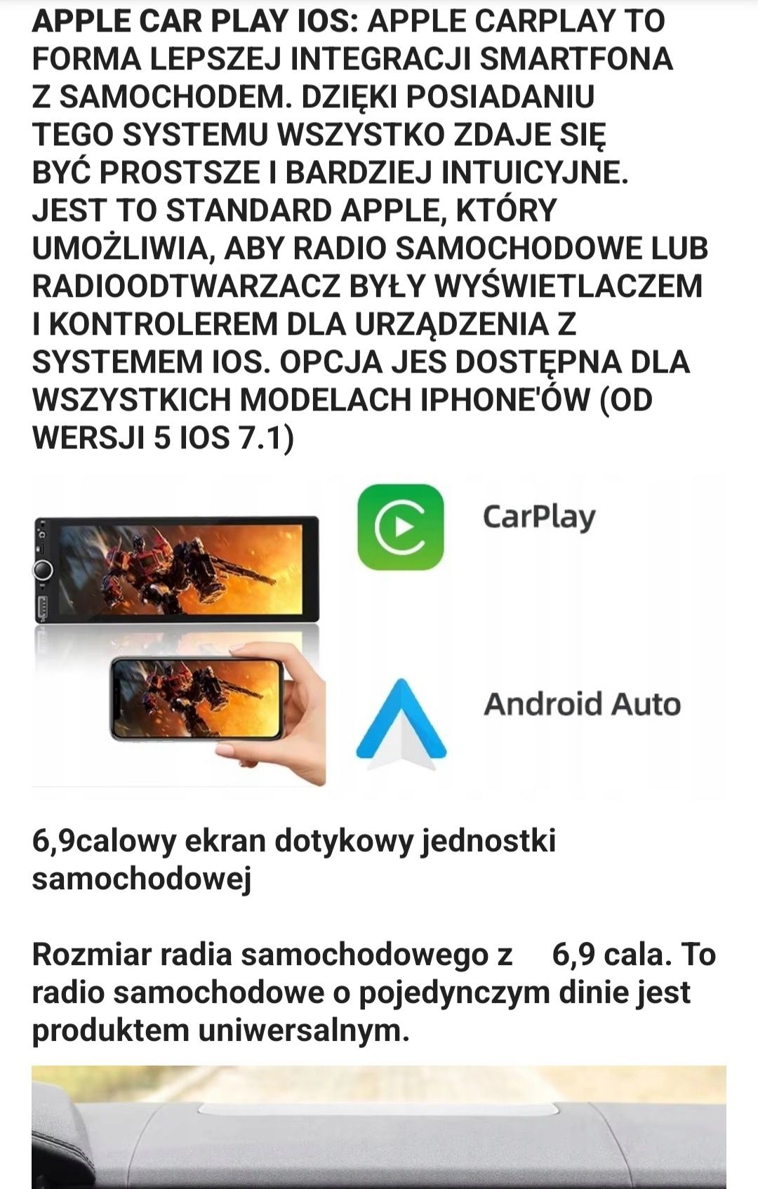 Radio Nawigacja 6,9"WP-6097, 1DIN,Carplay,Android Auto,MAPY,Bluetooth,