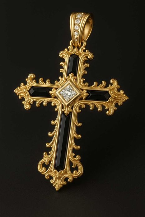 Męski krzyżyk złoty 585 z brylantami i onyksem lapis lazuli Design