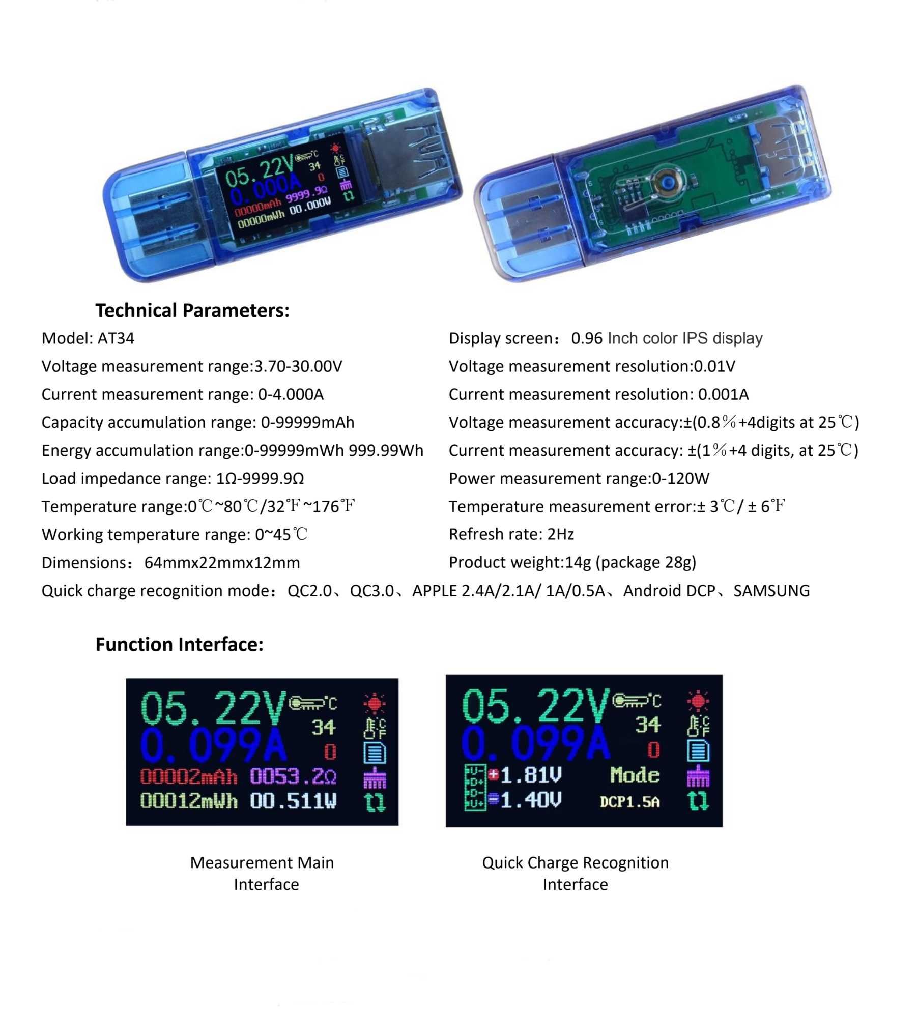 USB Tester Ruideng AT34 z kolorowym wyświetlaczem