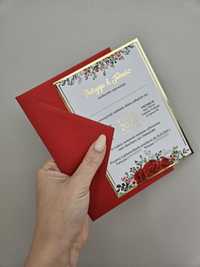 Czerwone zaproszenia ślubne na ślub złote napisy z personalizacją