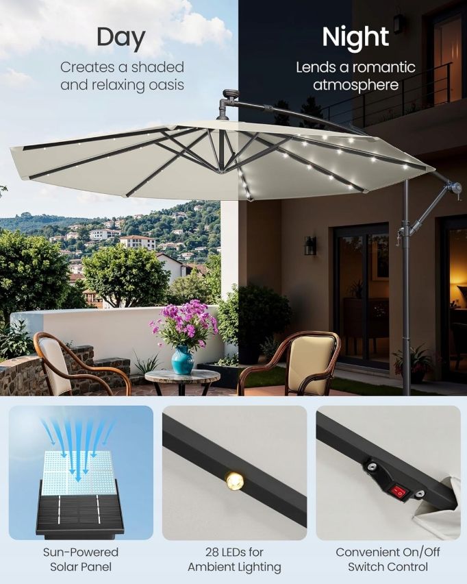 Beżowy parasol ogrodowy SONGMICS 3m z solarnymi LED GPU118M01