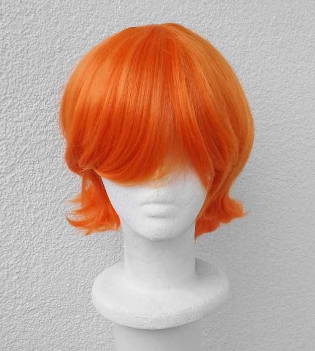 Jaskrawa pomarańczowa neonowa krótka peruka z grzywką cosplay wig