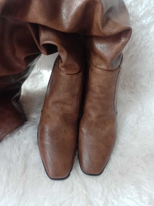 (39/40) Brązowe Kozaki za kolano muszkieterki wieczorowe, Nowe