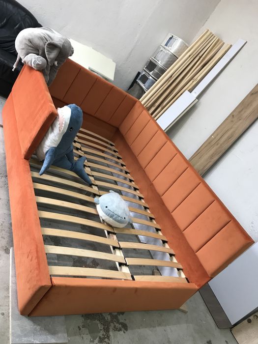 Ліжка кутові дитячі м’які велюрові односпальні полуторні буквою Г