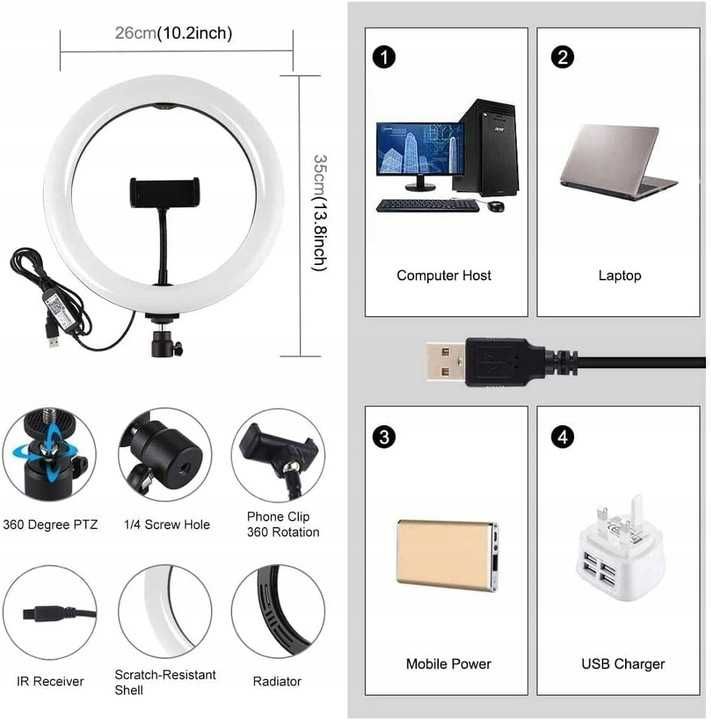 Lampa Do Selfie ze Statywem RGB LED USB MJ26 26cm