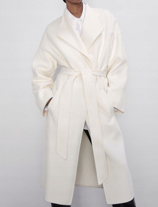 ZARA płaszcz wełniany biały ecru wełna wiązany oversize premium M