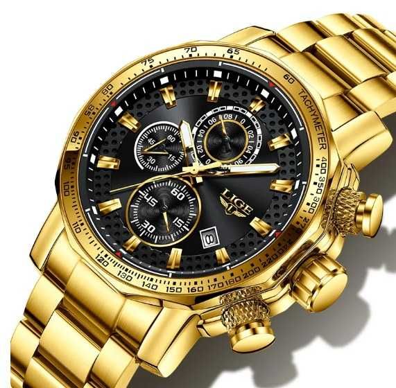 Relógio Luxuoso Masculino LIGE bracelete metal dourado (Novo)