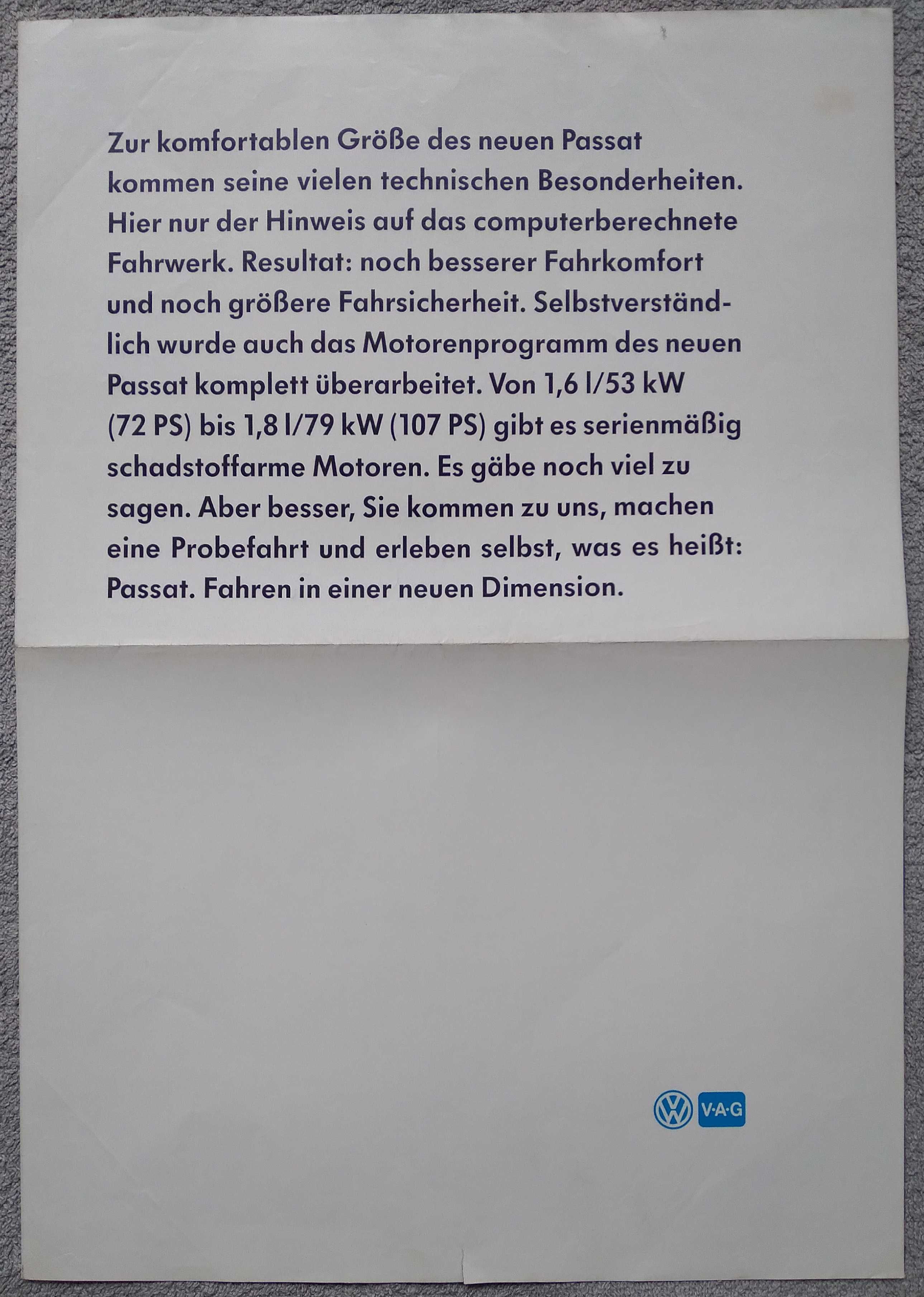 Prospekt plakat Volkswagen Passat 1988