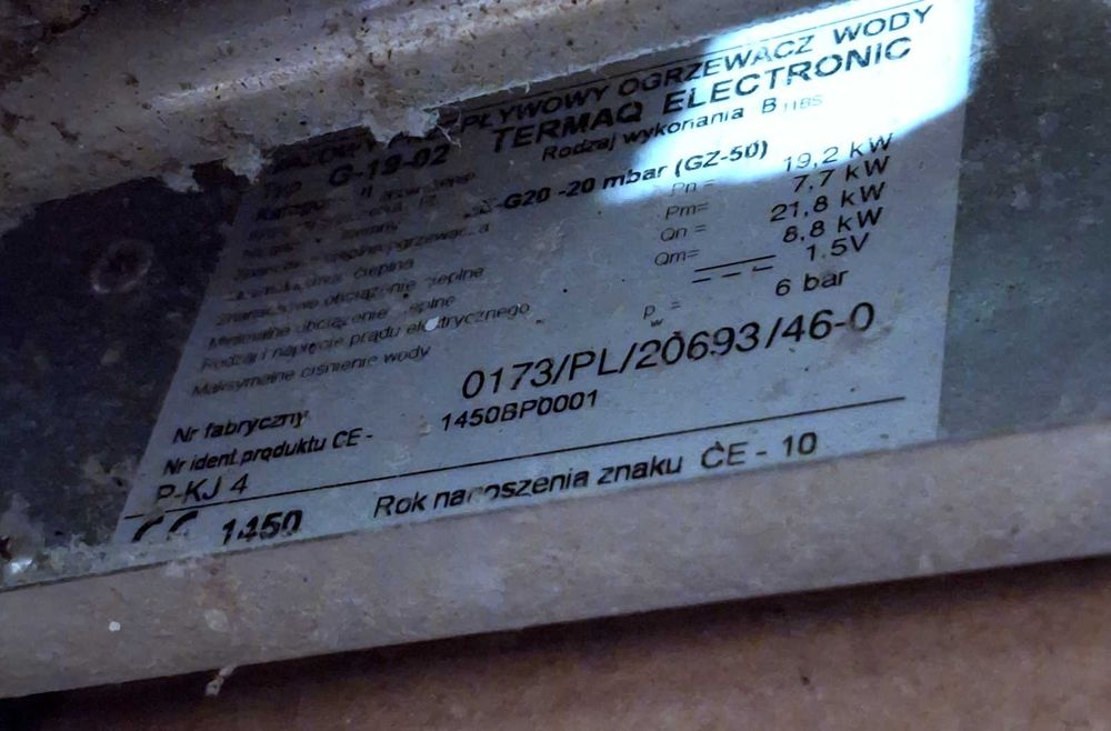 Piec TERMAQ ELECTRONIC GE-19-02 gazowy przepływowy - sprawny