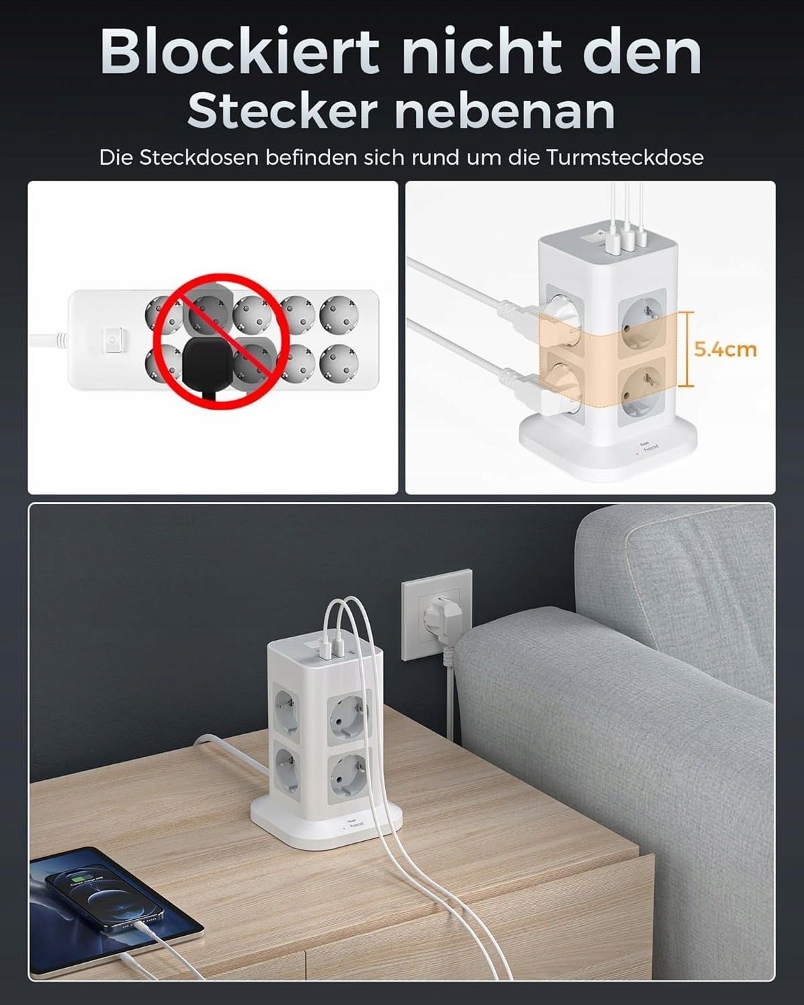 Listwa stojąca KOMPAKTOWA Tessan 8xAC 2xUSB-A 1xUSB-C 3600W 10M