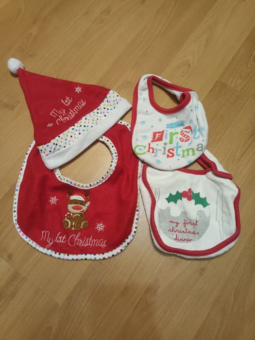 Śliniaki i czapka Mikołaja 4szt, pierwsze święta, Boże Narodzenie