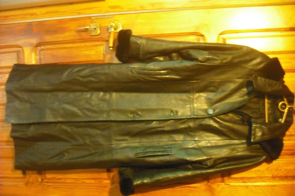 Skórzany długi płaszcz zimowy damski z kapturem  rozm 42