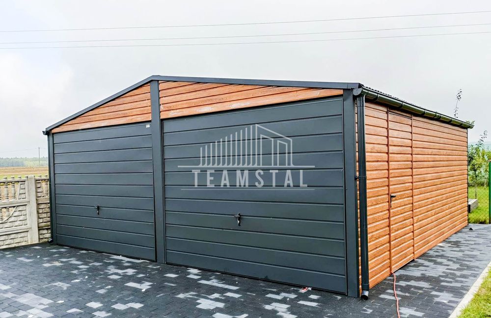 GARAŻ BLASZANY 6m x 6m 2x Brama orzech + antracyt drzwi TS248 6x6
