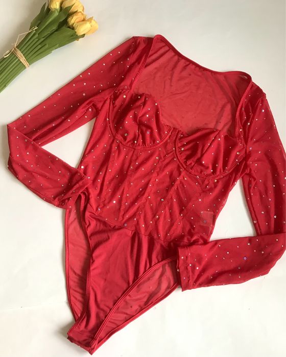 Боді Новорічне. Червоне. Sexy.  Сітка/Блискітки.  Сток. S/M розмір