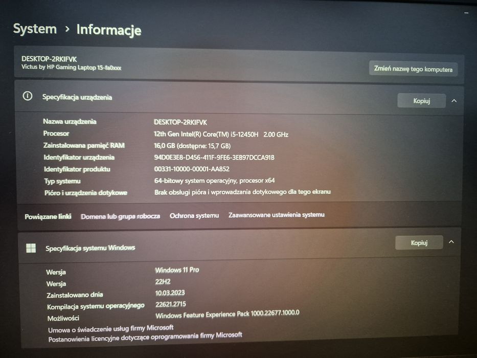 Laptop gamingowy HP Victus 15 i5-12450H 16GB 512 RTX3050 Hz144