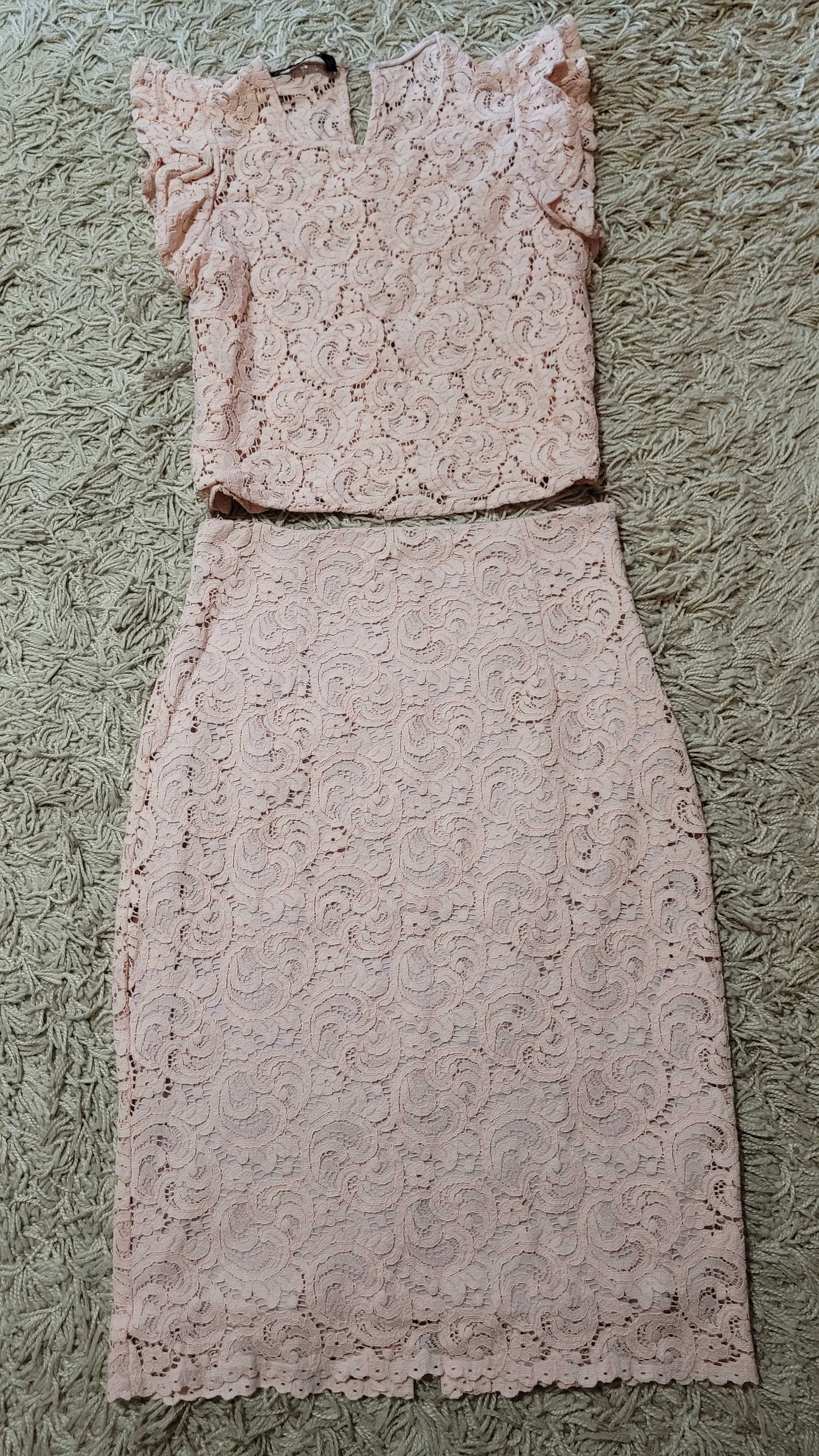 Zara morelowy żakardowy komplet 34