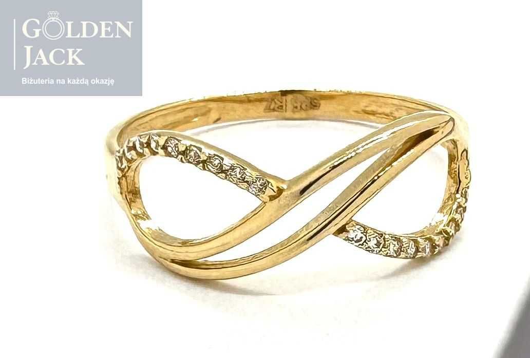 Złoty pierścionek znak nieskończoności cyrkonie złoto 585 roz.16 1,39g
