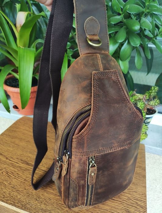 Кожаная мужская Сумка - Слинг. Dark Brown.