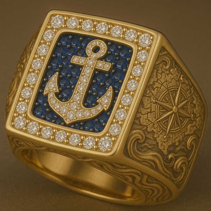 Złoty sygnet pierścień Marynarza Kapitana Żeglarza 18g pr 585 z brylan