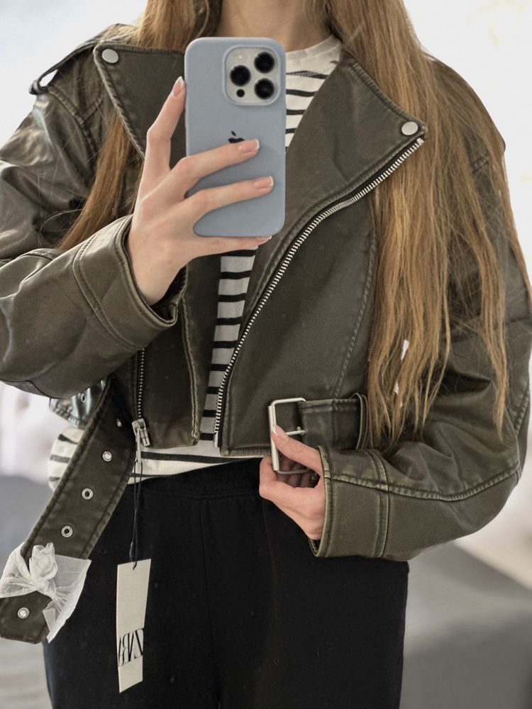 Трендова укорочена косуха хаки Zara куртка шкіряна зара кожанка хакі