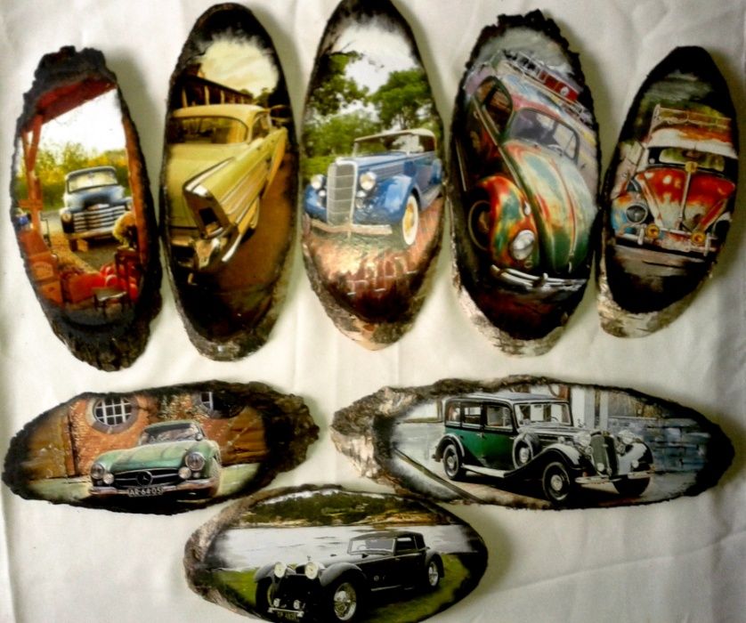 Серия картин на срезе дерева "Ретроавтопарк" декупаж ручная работа