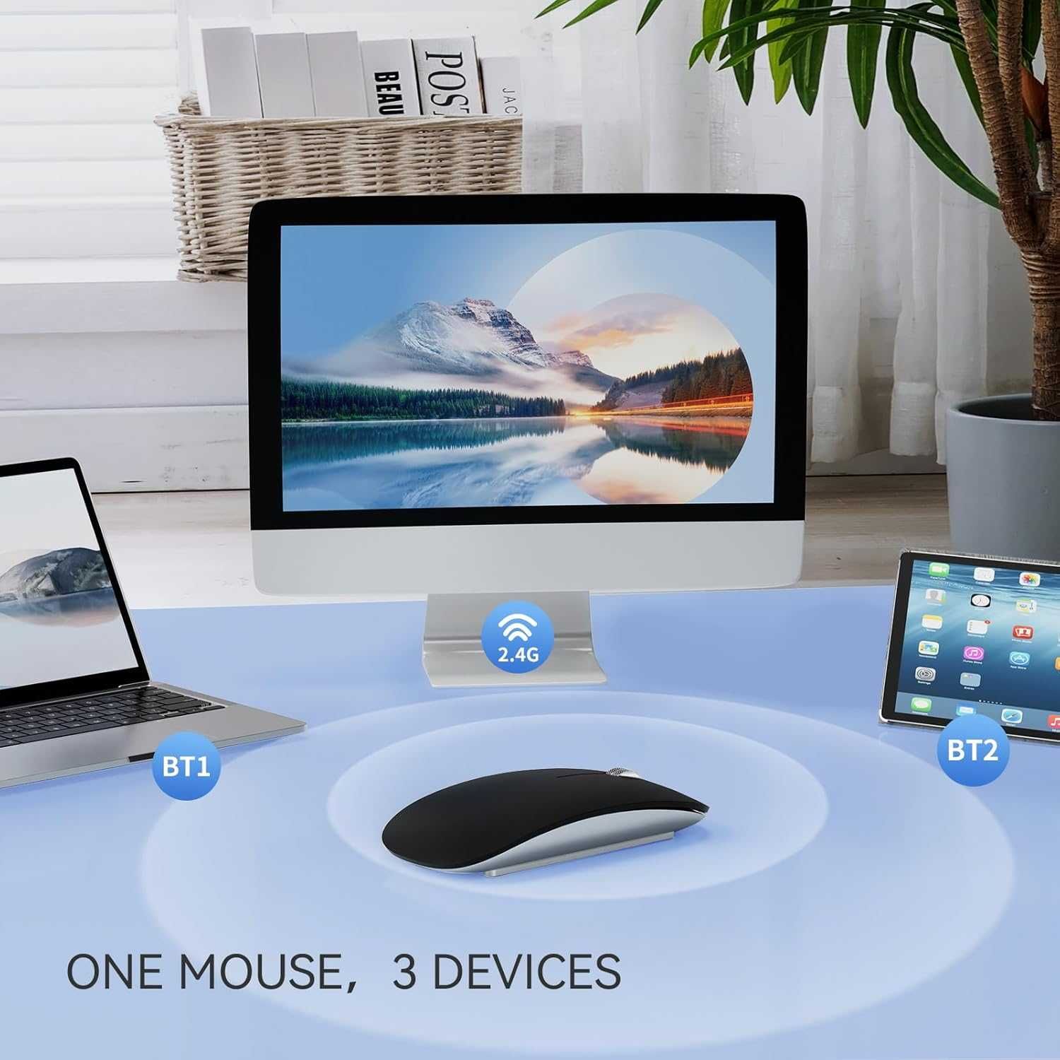 Mysz Bluetooth ładowalna bezprzewodowa, cicha trójtrybowa odbiornikiem