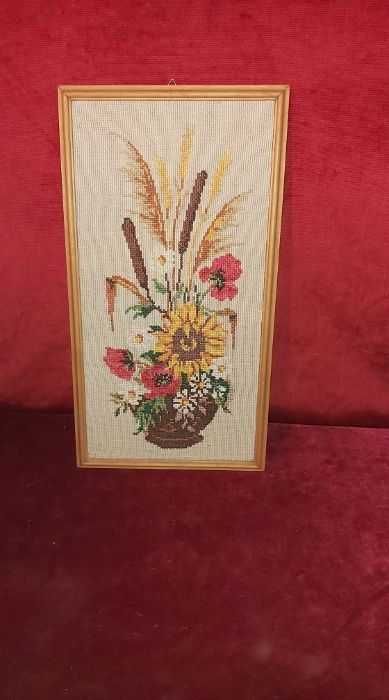 Stary obrazek bukiet kwiatów polnych haft w drewnianej ramce! |WYSYŁAM