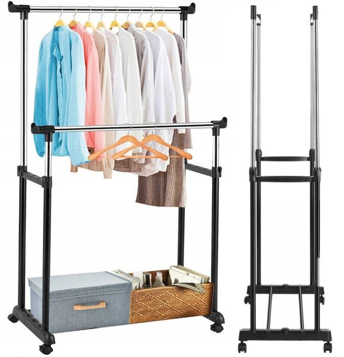 Wieszak na kółkach podwójny stojak ubrania odzież stojący