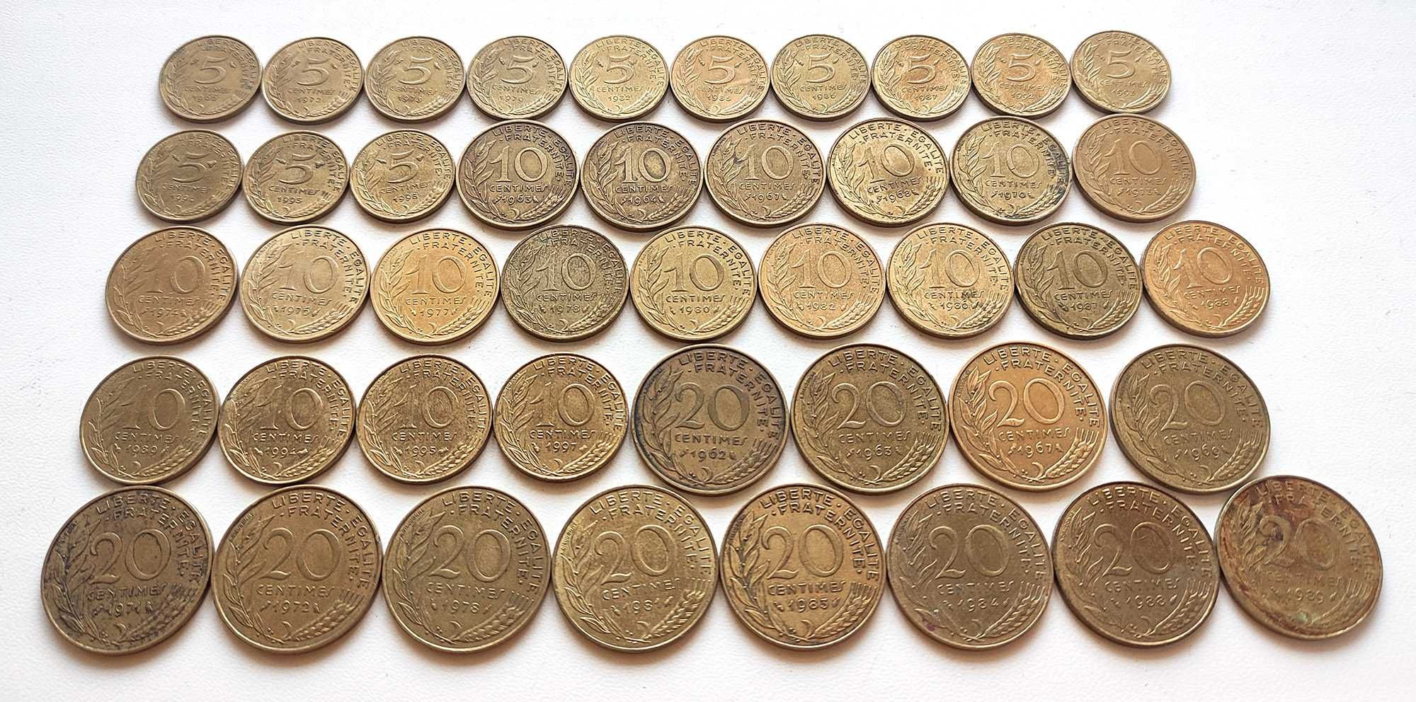 Монеты Франции, 5 10 20 сантимов, разных годов, 49 шт