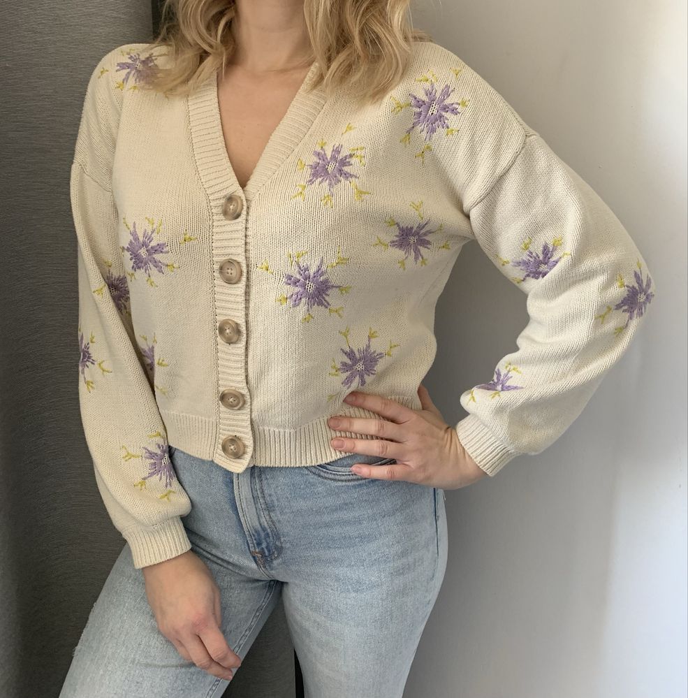 YAS wiosenny sweter kardigan w kwiaty aesthetic oversize cropped S