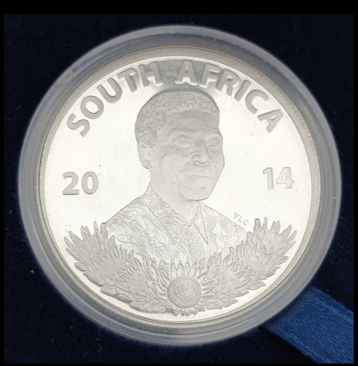 Moeda R1 de prata protea proof sul-africana de 2014 em cápsula