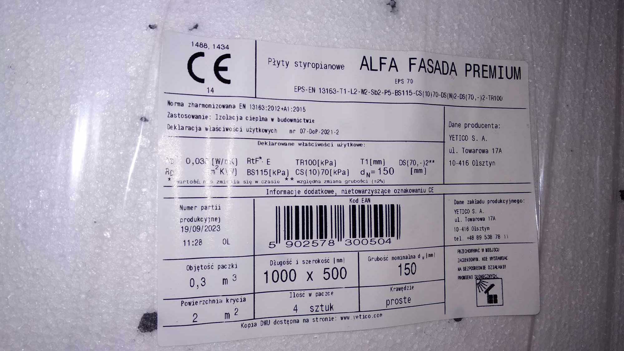 Styropian Yetico Alfa Fasada Premium L038 15cm Elewacja 72m2 - 36opak.