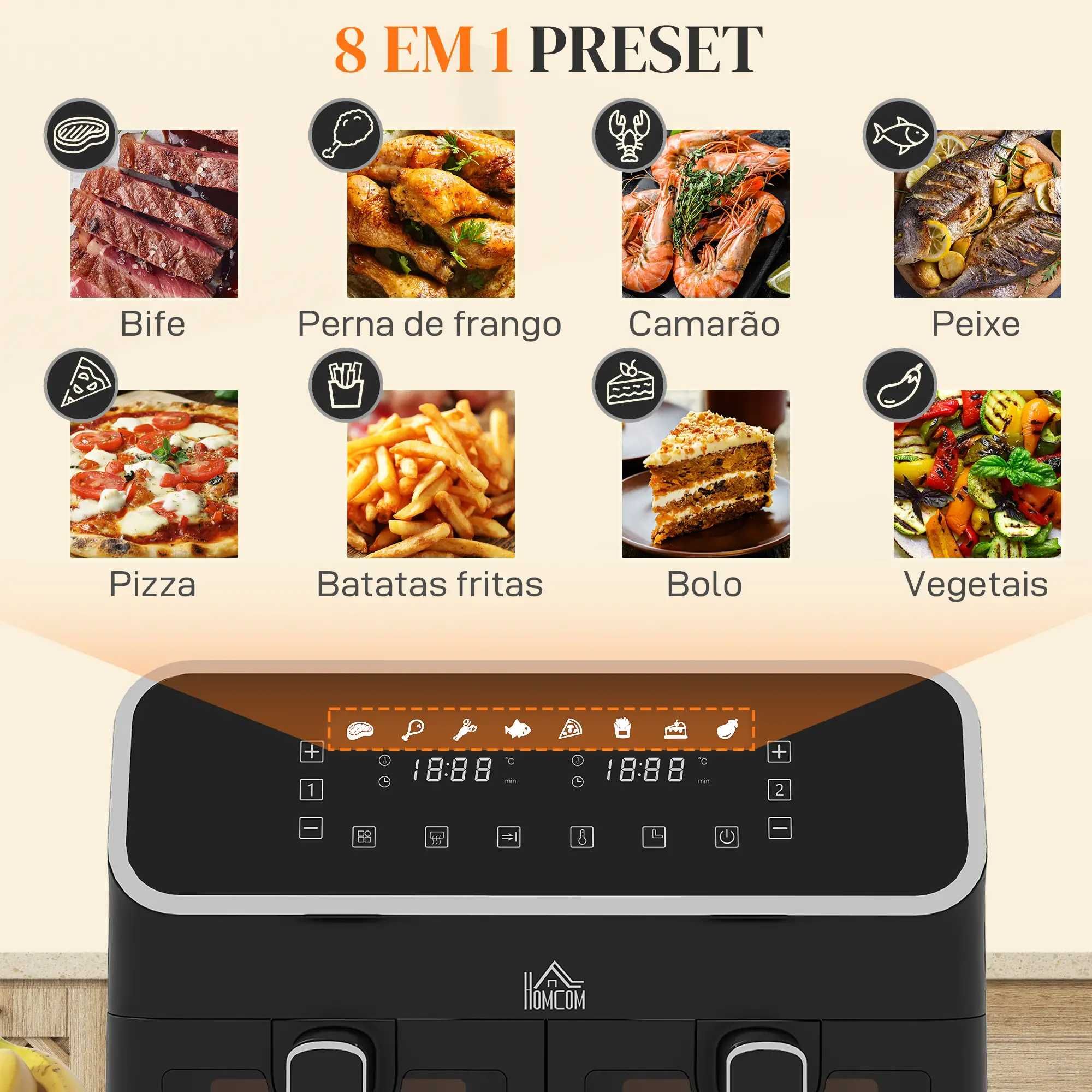 Fritadeira Air Fryer sem Óleo, 8 Litros, 2700W 2 Cestos Independentes
