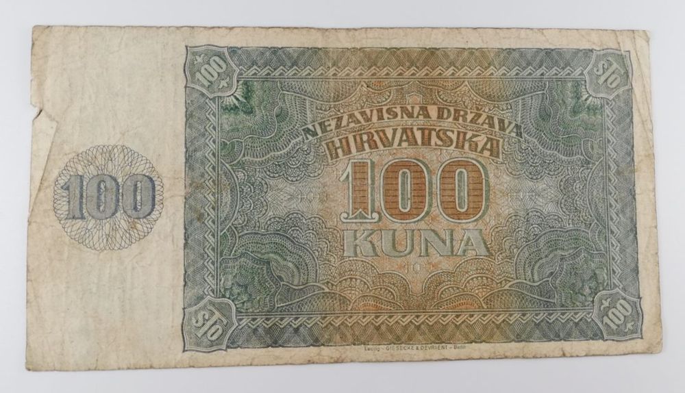 Stary Banknot kolekcjonerski Chorwacja 100 Kuna Kun 1941