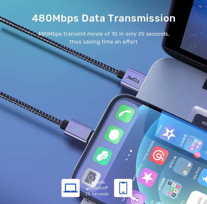 TOPK Магнитный кабель 3А(QC3.0) быстрая зарядка.