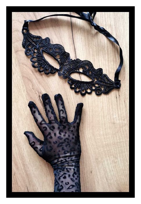 Zestaw: Rękawiczki w panterkę i koronkowa maska (uniwers.) #czarne