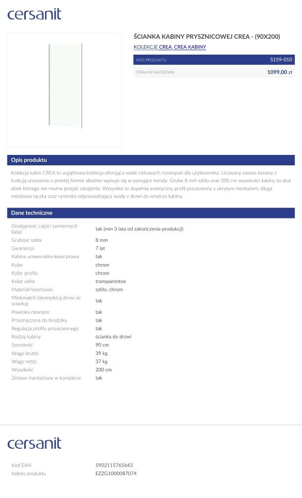 Ścianka prysznicowa Cersanit Crea 90x200  S159-010 - nowa!!! - WALK-IN