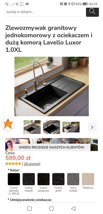 Zlewozmywak granitowy jednokomorowy z ociekaczem kolor piaskowy