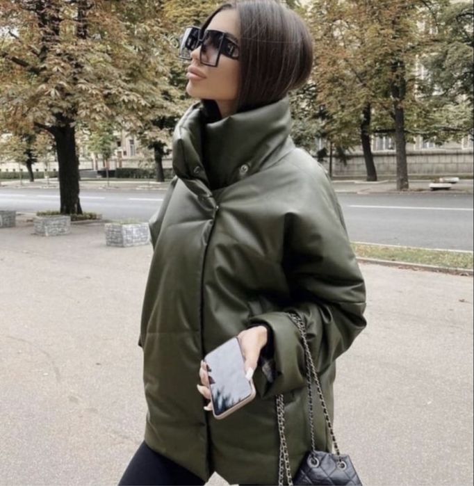Куртка Zara теплая зимняя черная кожа кожзам S пуфер