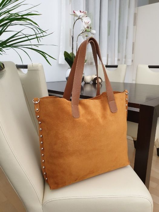 VERA PELLE torebka damska zamszowa shopper z ćwiekami V407 taupe