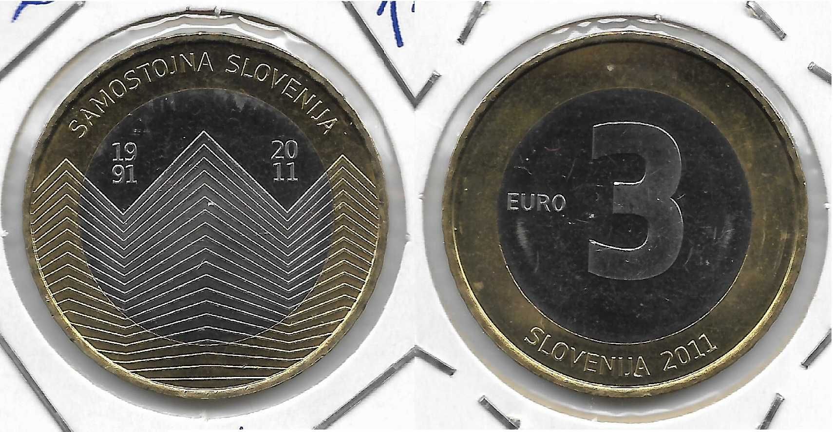 3 euros da Eslovénia. Sem circular. Anos 2008, 2009, 2010, 2011