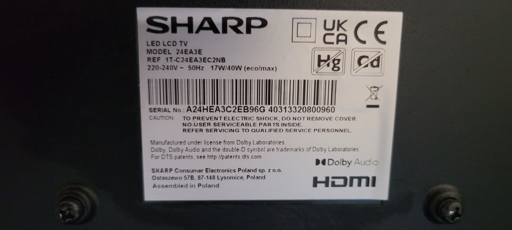 Telewizor Sharp 24EA3E 24 całe HDMI DVB-T wbudowany dekoder