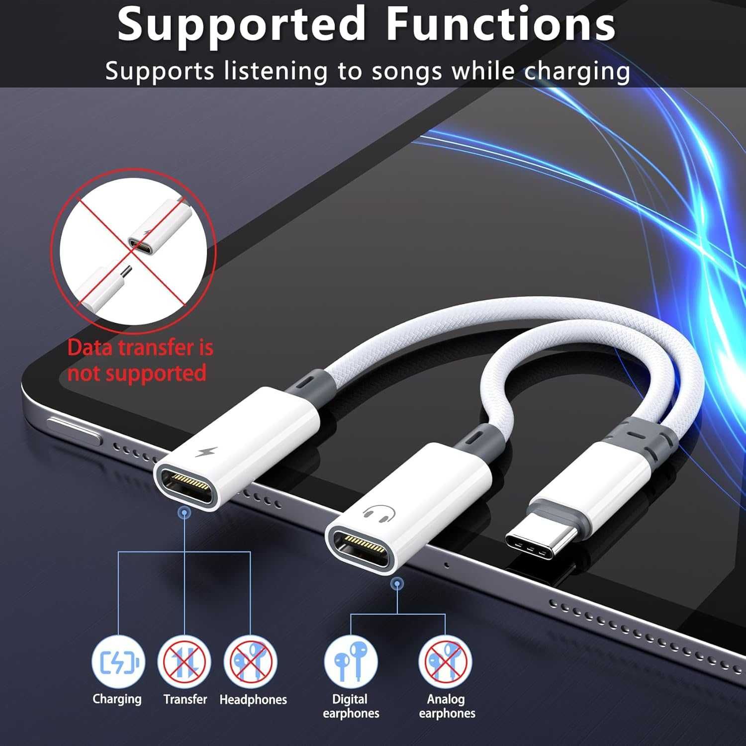 Podwójny adapter USB-C 2 w 1 rozdzielacz słuchawkowy USB-C i ładowarka