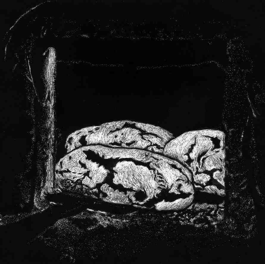 Desenho scratchboard mulher a pôr pão forno tradições de Portugal - II