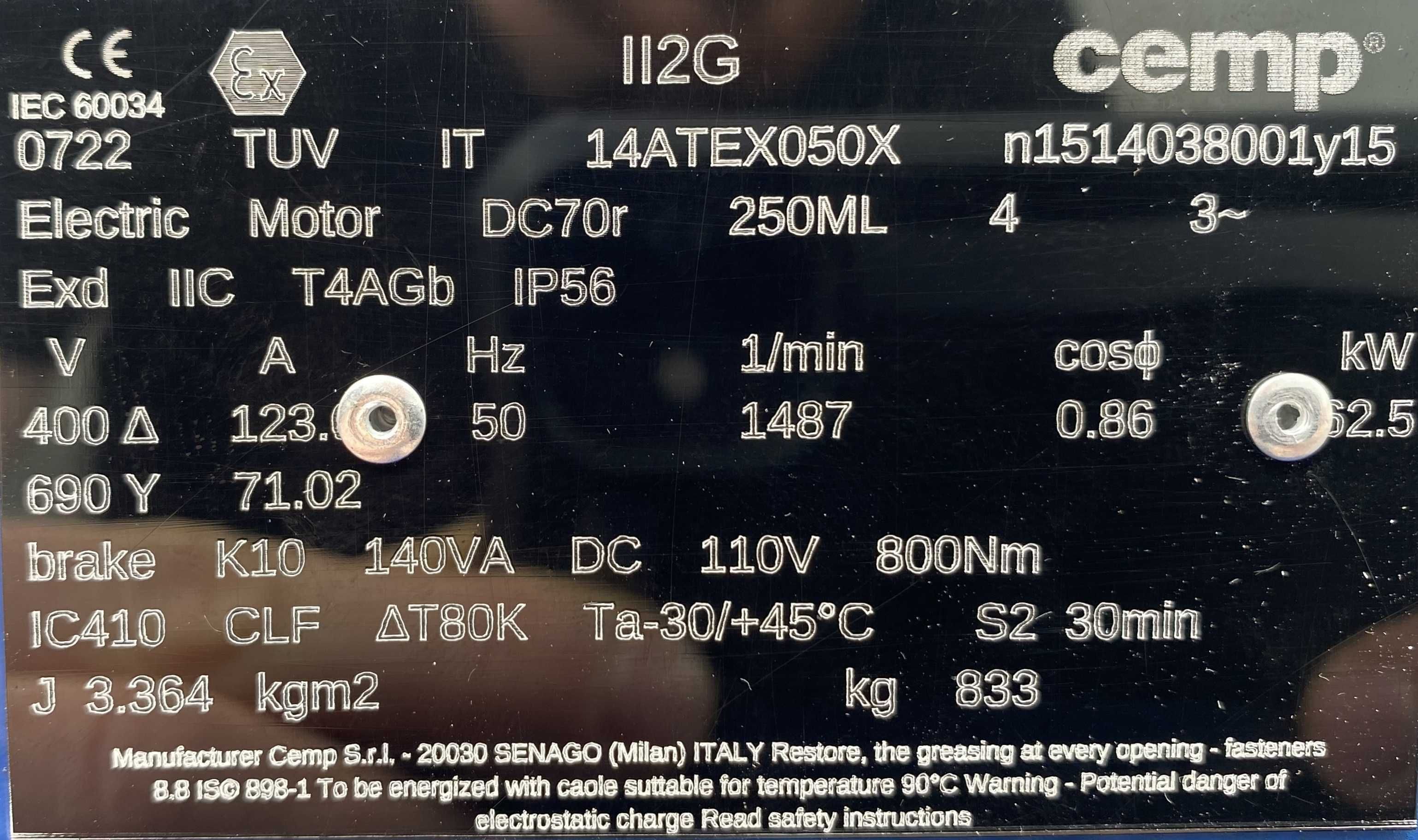 silnik elektryczny 62,5kW 1487obr. Ex HAMULEC